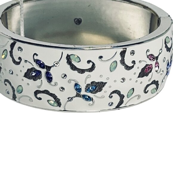 Brighton White Enamel W/ Pastel Rhinestone Flowers Hinged Bangle Bracelet (5969) - Picture 2 of 7